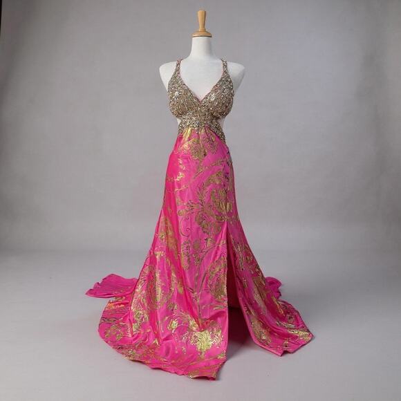 Mac Duggal Cassandra Stone Prom Dress Gown Hot Pink Gold Beaded Metallic Formal - Picture 1 of 16